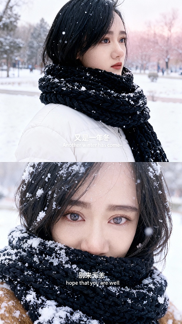 两宫格艺术感写真图，横向两宫格，场景为冬日落雪公园，色调呈冷白与浅粉渐变，地面铺雪，松枝挂雪。画面主体为穿白色羽绒服的少女。 上图：近景，图中人物围粗针织黑围巾，雪花点缀，眼神忧郁望右侧，添加中英文字幕 “又是一年冬”“Another winter has come-”； 下图：人物面部特写，人物正面对着镜头，眼神朦胧迷人，清晰展现人物面部与围巾细节，毛发覆雪，围巾积雪清晰，眼神富有故事感，光影柔