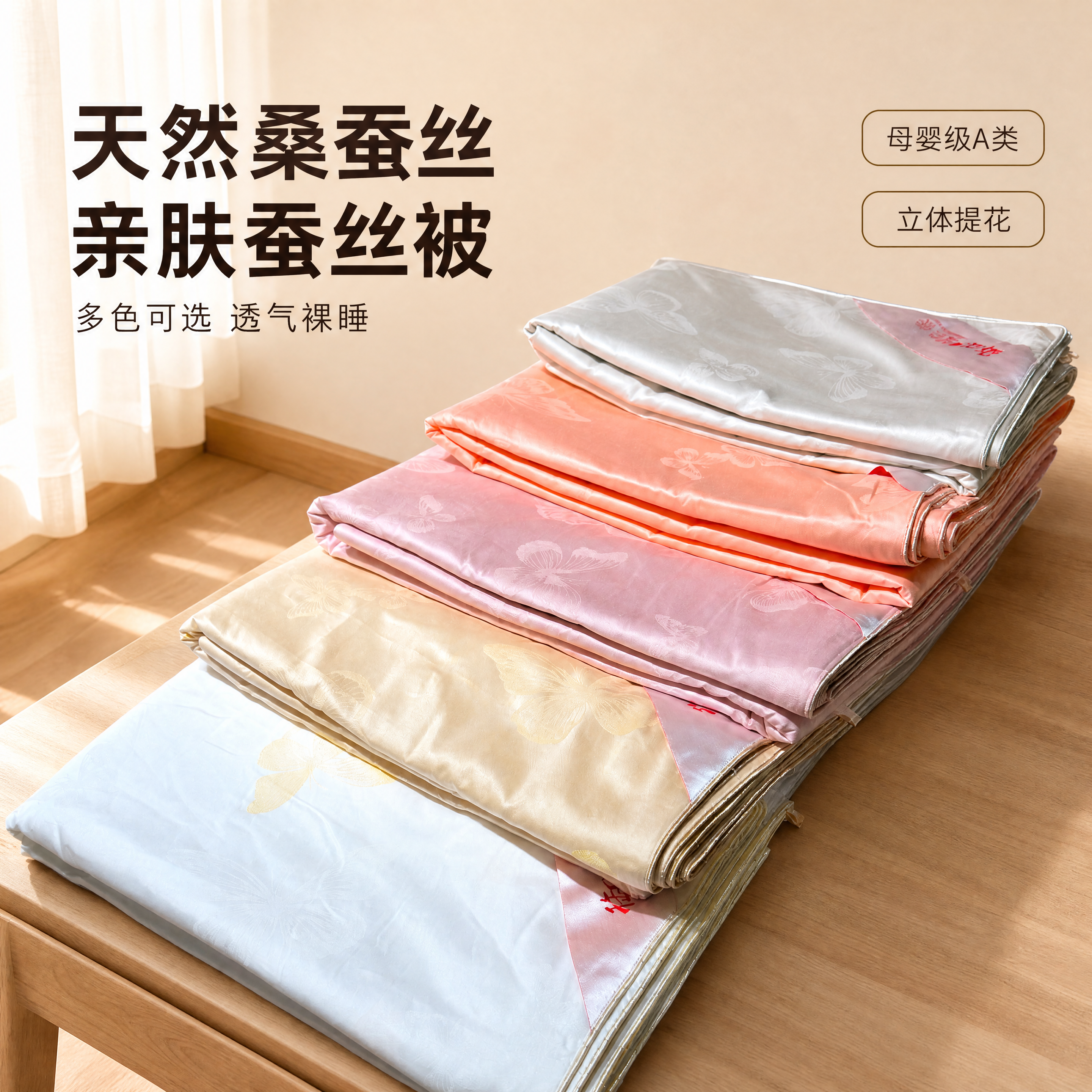 [主图-1]多色叠放蚕丝被展示首图 [氛围风格]温馨居家生活感… - 图片创意预览