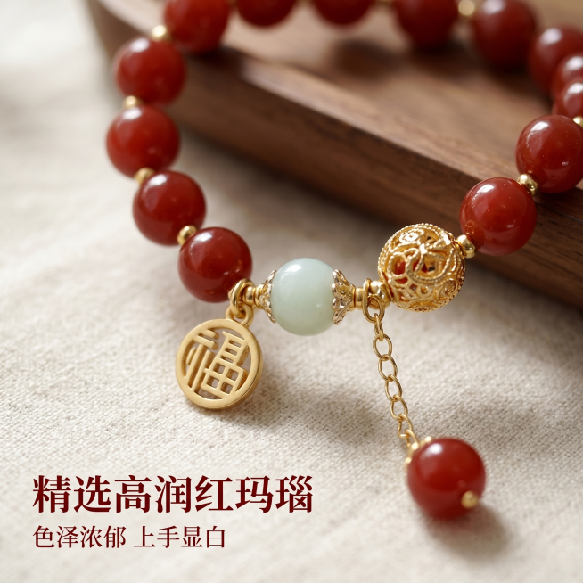 [主图-2] 新中式红玛瑙福牌手串材质细节展示。
[氛围风格] 新中式禅意风，雅致精致，突出细节质感。
[画质] 商业微距摄影质感，超高清细节，干净通透，精修无杂质。
[元素] 特写展示红玛瑙主珠与晴预览效果