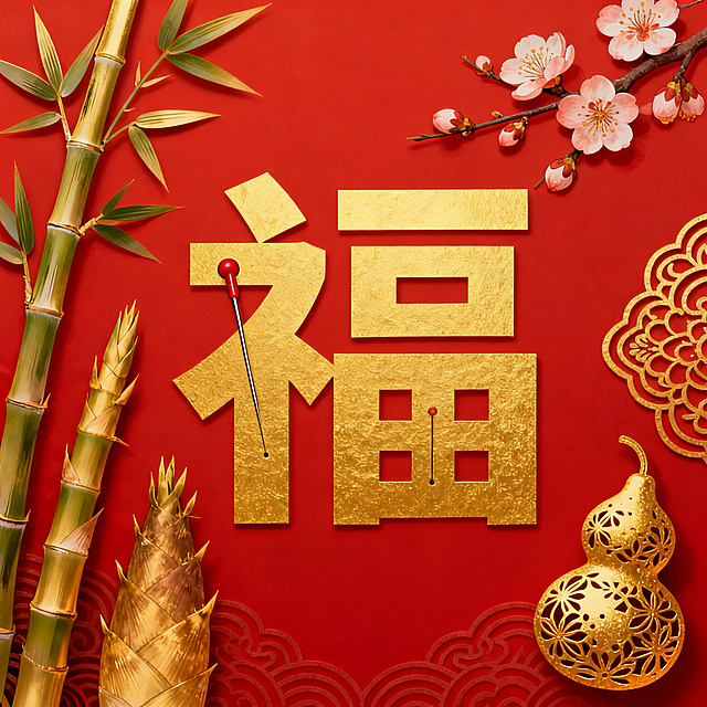 春节春天健康主题，大红色背景，装饰金色春笋、桃花、葫芦纹样，正中间是结合针灸元素的金色福字，字体方正刚健，凸显健康主题
