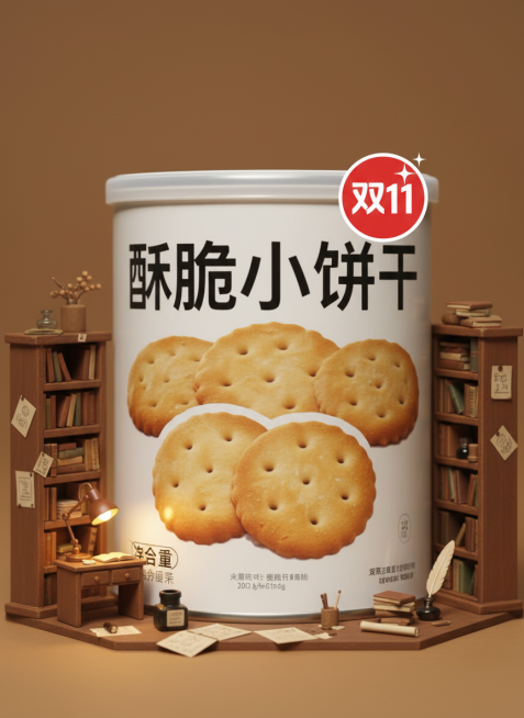 主体饼干盒去掉背景巨大化，被放置在一个暖棕色调的迷你书房里，低饱和治愈色调书房布置，主体饼干盒右上角上贴有 “双 11” 贴纸，促销感。预览效果