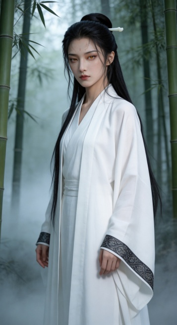 基于参考图生成古风主题人像，保留原图人物脸型五官特征，转换为古代风格。女性约19岁，纤细高挑，顺滑及腰乌黑长发，清冷瓜子脸，琥珀色寒眸，冷白皮。一袭高质感雪白内门道袍，衣角带有精致暗纹，仅用极简白玉发预览效果