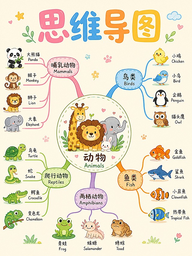 可爱卡通手绘风格的动物思维导图，米黄色背景，顶部居中偏上位置有大号标题“思维导图”，标题文字分别为粉色、蓝色、橙黄色纯色填充，画面中心是动物主题圆形节点，四周延伸出彩色分支，每个分支配有可爱的卡通小动物图案和中英文标注，整体风格清新可爱，儿童插画风格，画面比例3:4