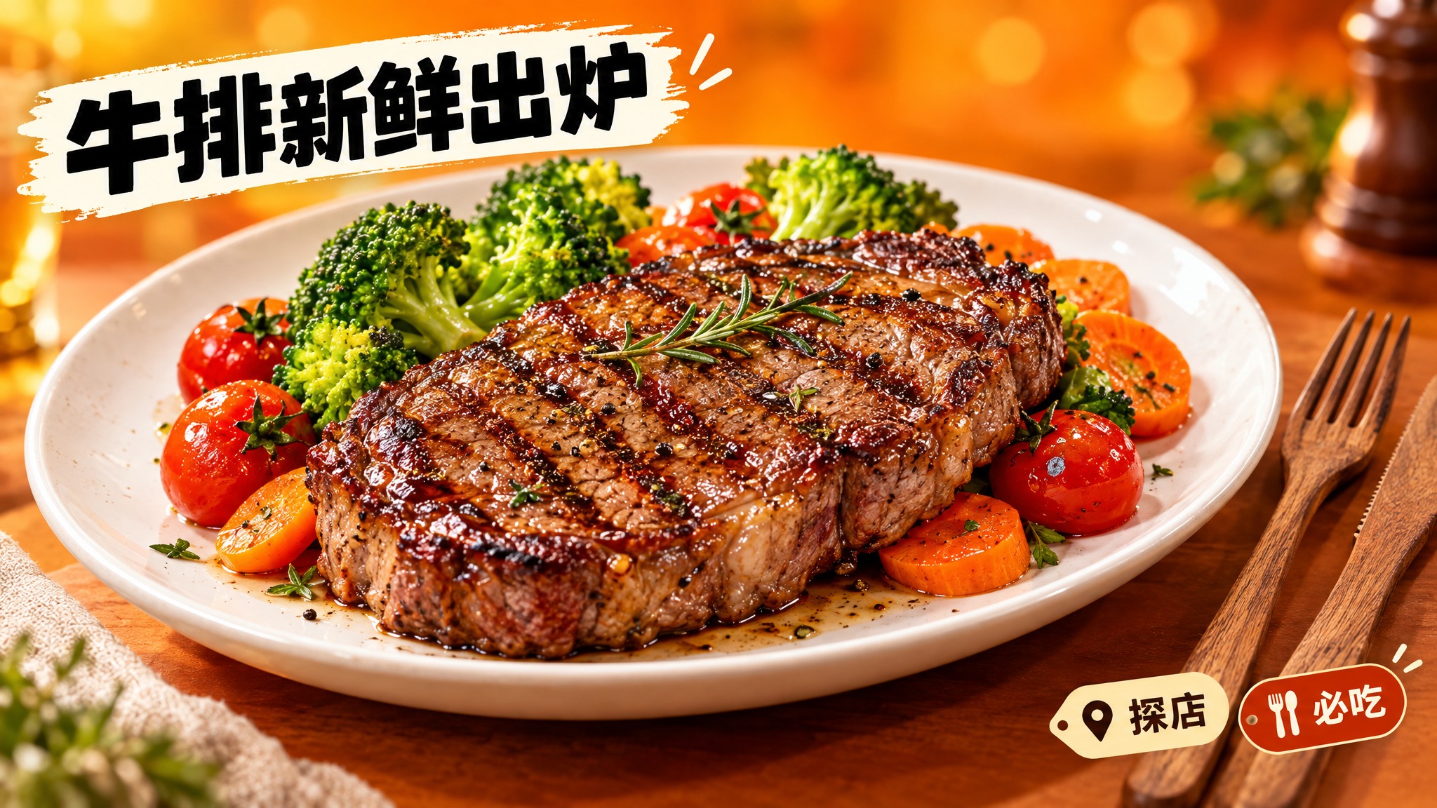 活力美食风格，暖橙色背景，画面中心是一盘色泽诱人的牛排，牛排表… - 图片创意预览