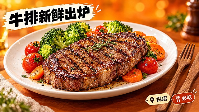 活力美食风格，暖橙色背景，画面中心是一盘色泽诱人的牛排，牛排表面焦香带油光，搭配新鲜的西兰花、小番茄、胡萝卜等蔬菜，旁边摆放木质餐具叉子和餐刀，背景虚化处理突出主体食物，左上角用粗体字预留标题框，框内写着"牛排新鲜出炉"，右下角添加"探店""必吃"等简约标签图标，整体高饱和度色彩，温暖明亮的光线，美食摄影质感，画面精致有食欲