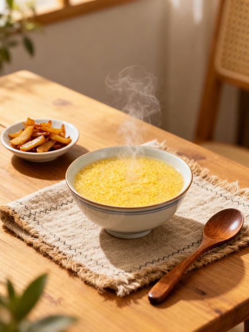 生成一张小米粥的照片（泛着热气），放在桌子上，桌子上加上适当的点缀，画面干净、温暖预览效果