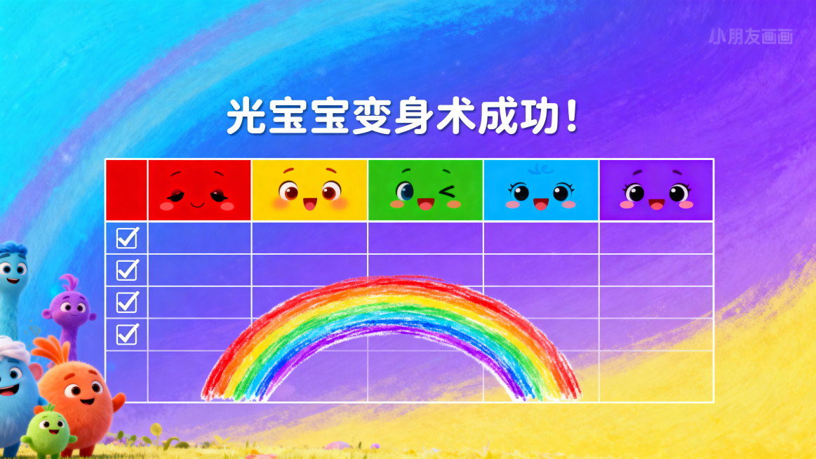 中班幼儿科学微课PPT内页，第7页彩虹观察表，卡通梦幻风格，皮克斯风格，明亮色彩，主色调蓝紫黄渐变，幼儿视角。可爱表格，红橙黄绿青蓝紫打勾，空白处画彩虹，文字"光宝宝变身术成功！"，带小朋友画画表情，预览效果