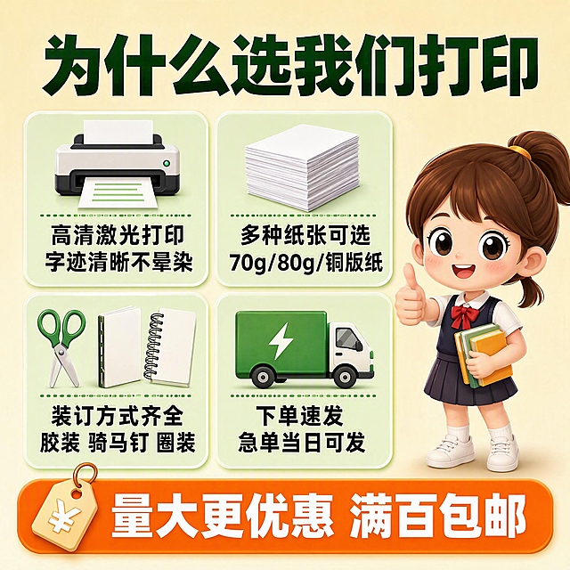 [主图-3] 服务亮点与专业证明，核心任务是展示打印服务的具体优势和专业能力，用数据和细节说服用户。
[统一基调] 拼多多风格，大字直白，性价比感强；背景主色为浅米色渐变，标题字色为深绿色粗黑体，辅助字色为白色，强调色为橙色，字体为粗黑无衬线体，字号层级分明，卡片为圆角矩形，图标简洁扁平。
[画面] 画面顶部是深绿色粗体大标题「为什么选我们打印」。下方分四个板块呈田字格排列，每个板块是一个浅绿色圆角卡片，配图标和文字：左上卡片配打印机图标，文字「高清激光打印 字迹清晰不晕染」；右上卡片配纸张叠放图标，文字「多种纸张可选 70g/80g/铜版纸」；左下卡片配剪刀装订图标，文字「装订方式齐全 胶装 骑马钉 圈装」；右下卡片配卡车快递图标，文字「下单速发 急单当日可发」。画面底部有一个橙色长条横幅，写着白色粗体字「量大更优惠 满百包邮」，旁边有价格标签图标。画面右侧有一个卡通小女孩举着大拇指点赞的形象。
[光影质感] 卡通插画风格，光线明亮均匀，卡片有轻微投影和立体感，图标简洁清晰，整体干净专业。
[配色] 深绿色标题，浅绿色卡片背景，橙色强调横幅，白色卡片文字，整体配色统一和谐，信息层次分明。
[文字版式] 顶部大标题居中；四个卡片2x2排列，每个卡片内上方是图标，下方是两行黑色说明文字；底部橙色通栏白色大字居中；右侧卡通人物点缀。文字大小适中，信息清晰易读。
[输出要求] 1:1正方形比例，2048px分辨率，文字清晰锐利，信息排版整齐。负向：变形、错字、模糊、杂乱、水印、平台Logo、人物面部扭曲、手指畸形。