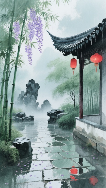 竖幅构图，烟雨朦胧的江南园林深处，青灰色的亭台半隐于苍翠的竹林间，雨后的青石板路上布满深浅不一的水洼，倒映着廊檐下悬挂的红灯笼光晕，湿润的空气中漂浮着淡紫色的紫藤花瓣，晨雾在黛瓦飞檐间流动，将远景的假山石轮廓晕染成墨色剪影，毛笔触感的水彩笔触在宣纸上自然晕开，形成深浅不一的青绿色调与朱砂红点缀，整体营造出湿润、幽静而略带诗意的水墨江南意境。预览效果