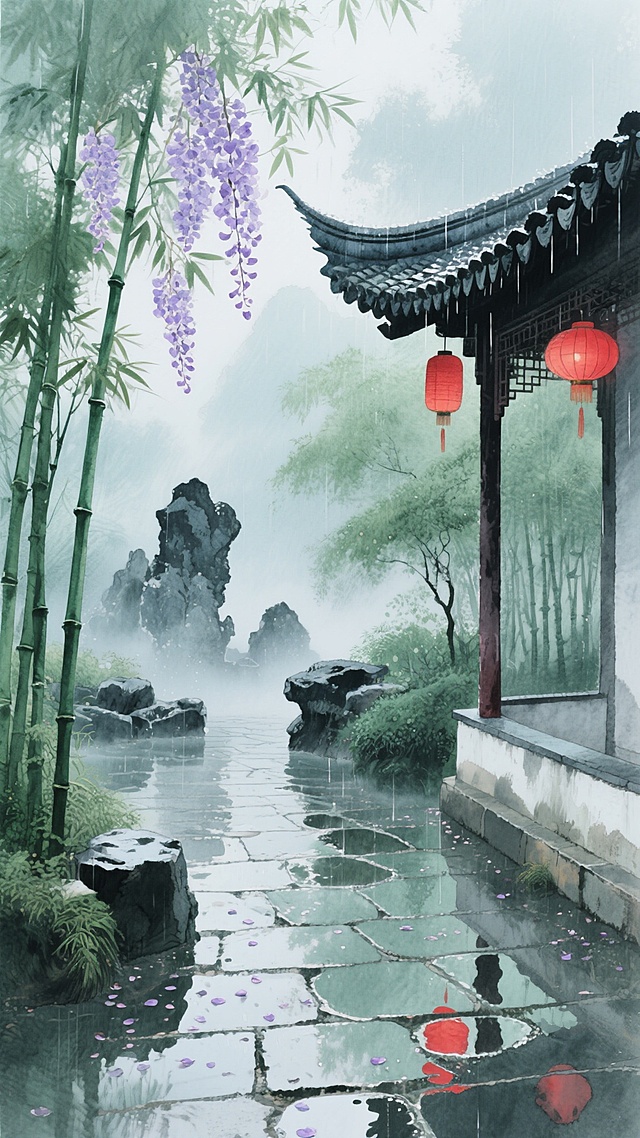 竖幅构图，烟雨朦胧的江南园林深处，青灰色的亭台半隐于苍翠的竹林间，雨后的青石板路上布满深浅不一的水洼，倒映着廊檐下悬挂的红灯笼光晕，湿润的空气中漂浮着淡紫色的紫藤花瓣，晨雾在黛瓦飞檐间流动，将远景的假山石轮廓晕染成墨色剪影，毛笔触感的水彩笔触在宣纸上自然晕开，形成深浅不一的青绿色调与朱砂红点缀，整体营造出湿润、幽静而略带诗意的水墨江南意境。