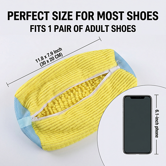 Based on the original product image, keep the yellow shoe washing bag appearance 100% unchanged. Show product dimensions: marked dimensions "11.8 x 7.9 Inch  (30 x 20 CM)" on the picture, compared with a mobile phone to show the size. Title "Perfect Size For Most Shoes" at top, text "Fits 1 Pair Of Adult Shoes" below, bold sans-serif font, slice layout, product not cut, light gray background, keep original product shape color, European and American cross-border style.