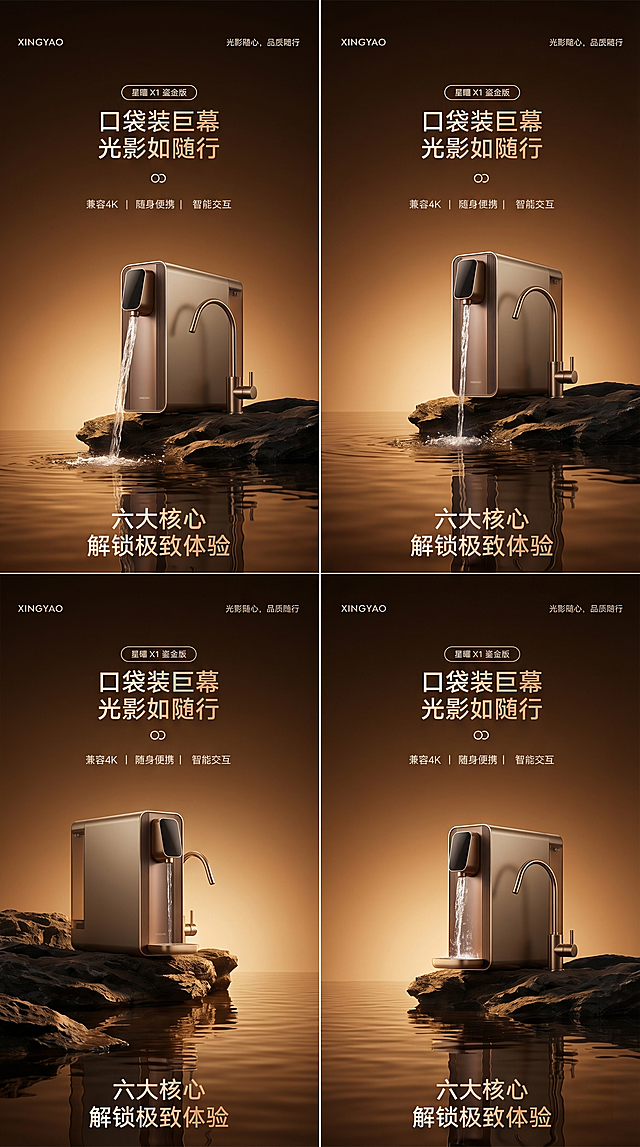 将原产品替换为一台净水器，净水器放置在岩石上，水龙头流出的水注入下方的水面中，岩石下方为水面，保持原图的暖棕色调和拍摄角度不变，整体风格保持和原图一致，生成多张不同的效果