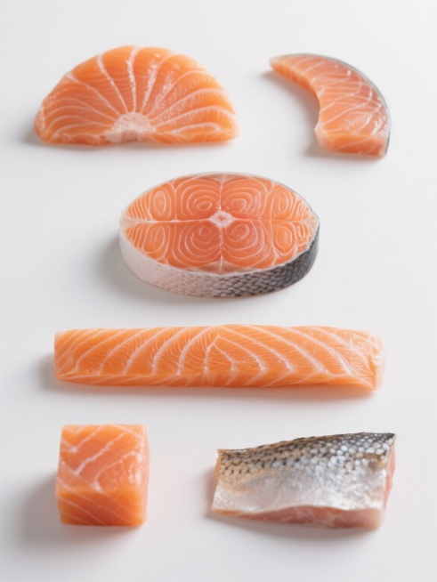 纯白纯色背景，超写实摄影风格，高清晰度，6个完全不同造型的三文鱼元素系列素材集合规整排布，每个元素均保持三文鱼橙红色泽与白色脂肪纹理的细腻质感，水润光泽，光影自然柔和，其中包含：左侧第一列顶部为扇形三文鱼刺身切片，肉质纹理清晰可见；左侧第一列底部为正方体三文鱼切块，棱角分明；中间一列顶部为圆形三文鱼厚切，截面完整；中间一列底部为长条形三文鱼条，边缘平滑；右侧第一列顶部为半月形三文鱼片，弧度优美……预览效果