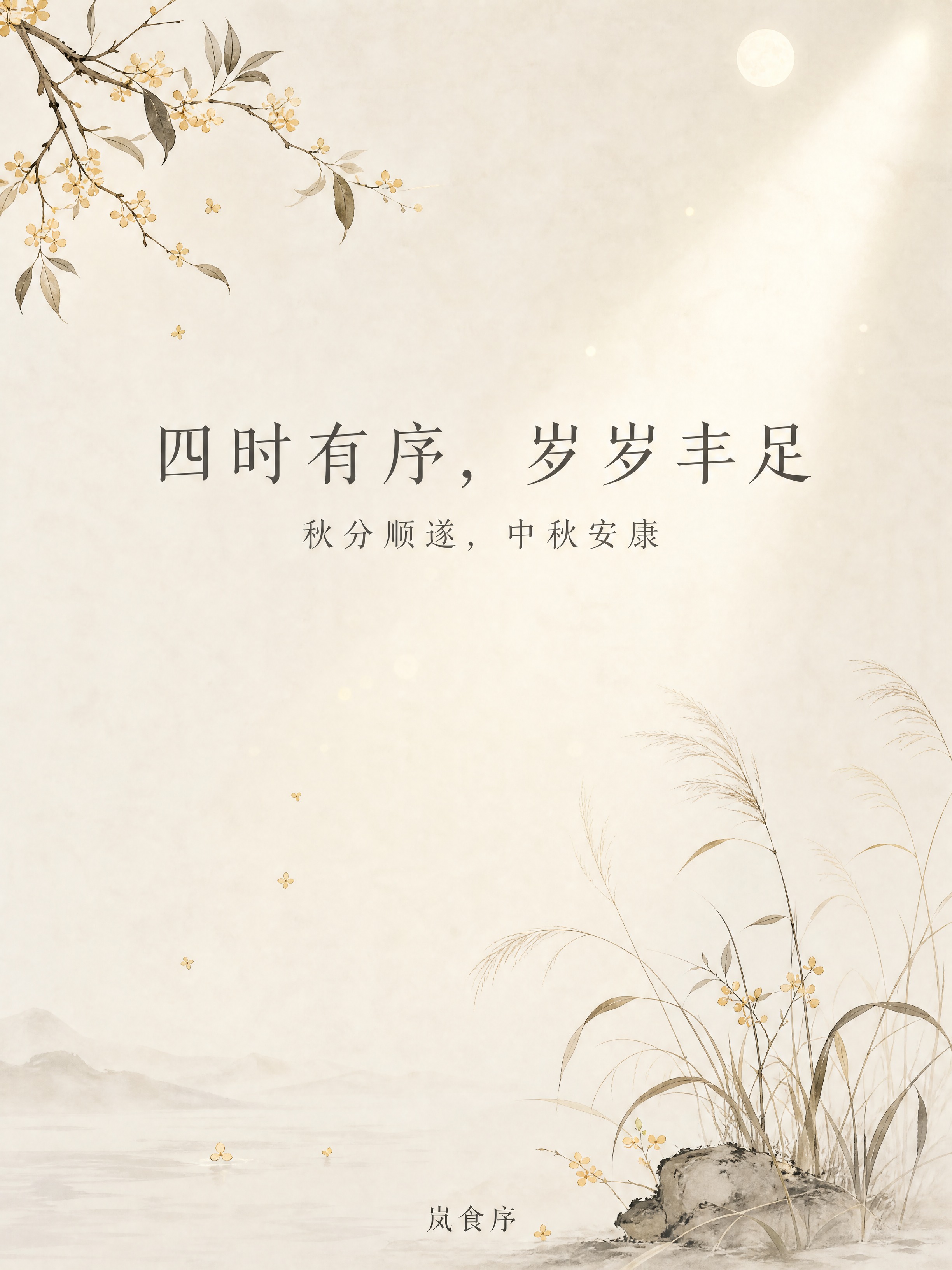 极简新中式节日节气海报，岚食序秋分中秋祝福主题。大面积米白宣纸… - 图片创意预览