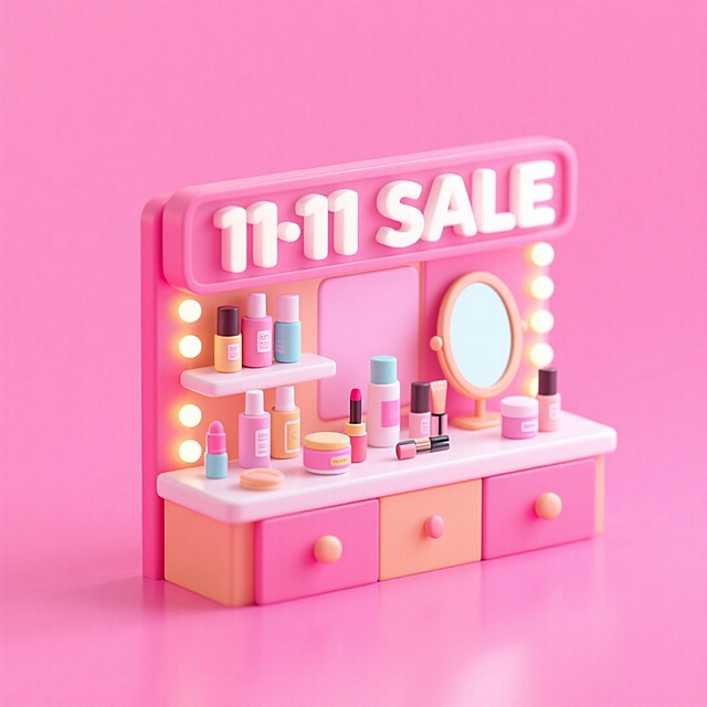 画面主视觉是一个微缩的彩妆柜台，远景，柜台上有一个灯牌“11·11 SALE”，水乳、精华、镜子等护肤品摆放在柜台上，可爱活泼的彩妆品牌氛围，粉色调。