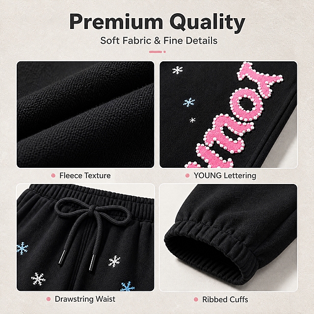 [商品] 使用【图1】黑色休闲束脚卫裤：保留松紧腰+抽绳、束脚收口、直筒微锥宽松版型、两侧斜插口袋、裤身白色和浅蓝色雪花印花、左腿外侧竖排粉色立体字母"YOUNG"（白色圆点描边）；自然去皱，理顺垂坠，增强面料纹理和印花清晰度，不改变版型颜色结构。
[画面] 面料工艺细节页，目标展示材质与做工品质。2x2宫格布局：左上为黑色棉质面料微距特写（展示细腻针织纹理），右上为粉色YOUNG立体字母印花特写（展示白色圆点描边与立体质感），左下为松紧腰头和抽绳细节特写（展示做工），右下为束脚收口细节特写（展示弹力与贴合）。中心偏上位置放标题。背景为浅暖灰色细腻织物纹理底。
[视觉] 套系策略：风格=跨境极简高级时尚商业摄影；标题字=现代无衬线粗体；正文字=简洁无衬线体；主色=暖灰；背景延展=基于暖灰做深浅层级、同色渐变和细腻水泥墙面/织物质感；强调色=粉灰色，仅用于小面积图标、引线和标签；标题色=深炭灰；正文色=中暖灰；组件=细线引线、极简圆角信息卡；光影=左前侧柔和自然光，高级感阴影。
[文字] 顶部居中主标题"Premium Quality"，副标题"Soft Fabric & Fine Details"。每个宫格下方配小号英文标签：Fleece Texture / YOUNG Lettering / Drawstring Waist / Ribbed Cuffs。文字横排，不遮挡细节主体。
[规格] 图片比例1:1，4K，避免变形、错字、冷蓝背景、面料失真、水印、平台logo。