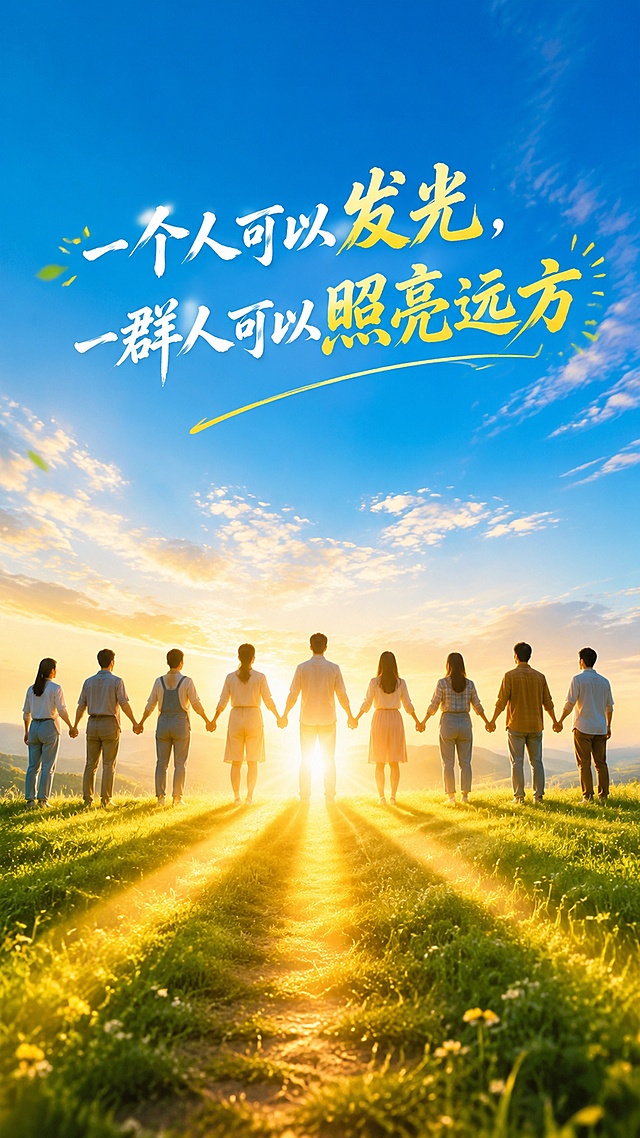 温暖励志图文，包含文字"一个人可以发光，一群人可以照亮远方"，画面是一群人手牵手站成一排，光芒从他们身上汇聚照亮前方道路，绿色草地蓝天背景，风格积极阳光