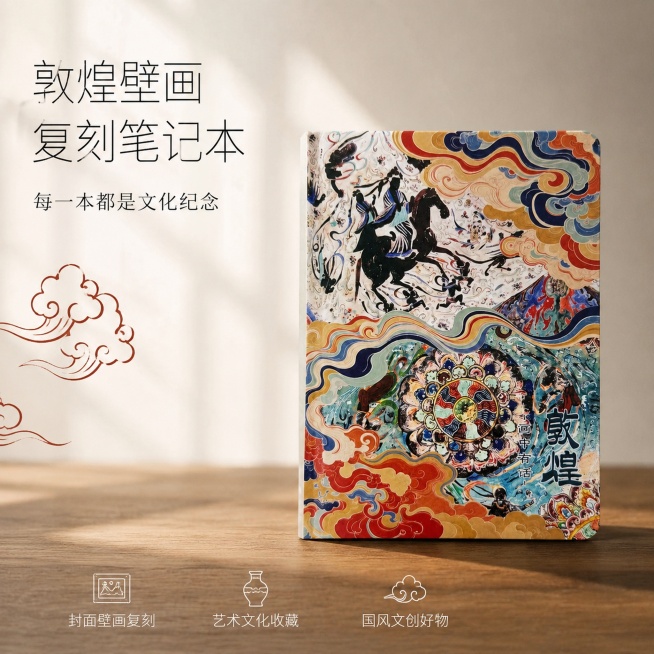 使用电商主图技能生成1张比例1:1的电商主图，适配平台为淘宝/天猫，商品为「图片1」，商品卖点为每一本封面都是一副小型壁画复刻，文化纪念意义，预览效果