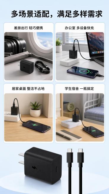 [第7屏] 场景适配页，展示适配不同人群使用场景，本屏使用【图2】作为产品主体。[氛围/风格]简约生活风，浅蓝干净，清晰卡片式布局。[元素布局]分成四个卡片，分别展示差旅出行、办公室、居家桌面、宿舍四预览效果