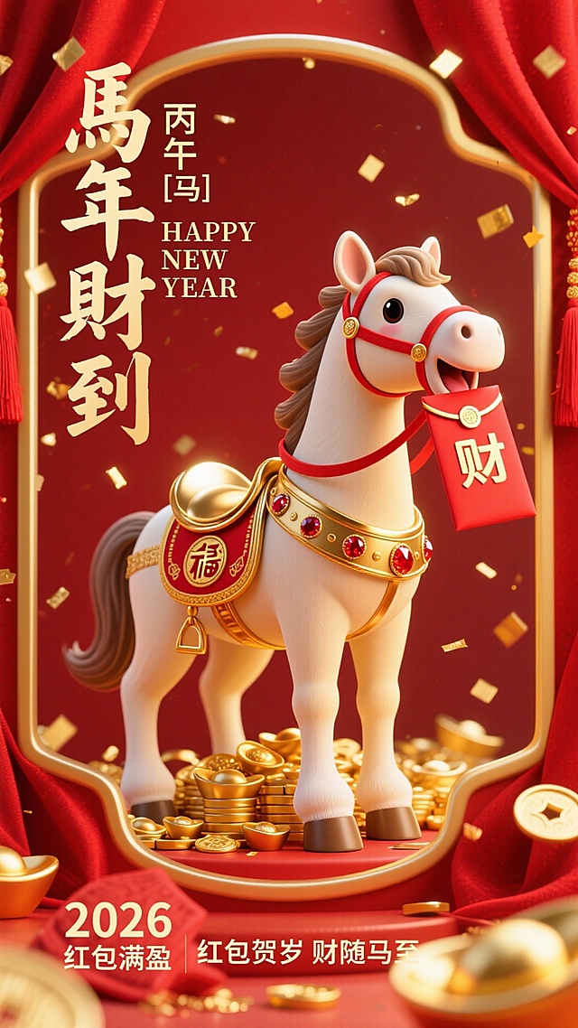 红金黄色系主色调，主体场景：软萌生肖马（亮金色金属质感，圆耳短鬃），马张嘴咬一沓印 “财” 标识的红封包，后蹄踩在金元宝堆上，歪头，神态娇憨灵动；鞍具、鬃毛饰红色 “财” 字纹，嵌小红宝石；萌马置于镶金边的红绸背景框内，框周飘着金箔碎、红流苏。
文字排版：
画面左上：竖排大号书法字 “馬年財到”；
字旁小标：“丙午 [马] 年”；
画面右上：浅金英文 “HAPPY NEW YEAR”；
画面底部：左 “2026   红包满盈”，右两行文案 “红包贺岁  财随马至”