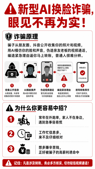 [第3屏] 新型AI换脸诈骗科普
[氛围/风格] 警示醒目，科普清晰
[元素布局] 上半部分讲诈骗原理，下半部分讲为什么目标群体容易中招，大标题红色警示
[配色色系] 白底，大标题红色，正文黑色
[文预览效果