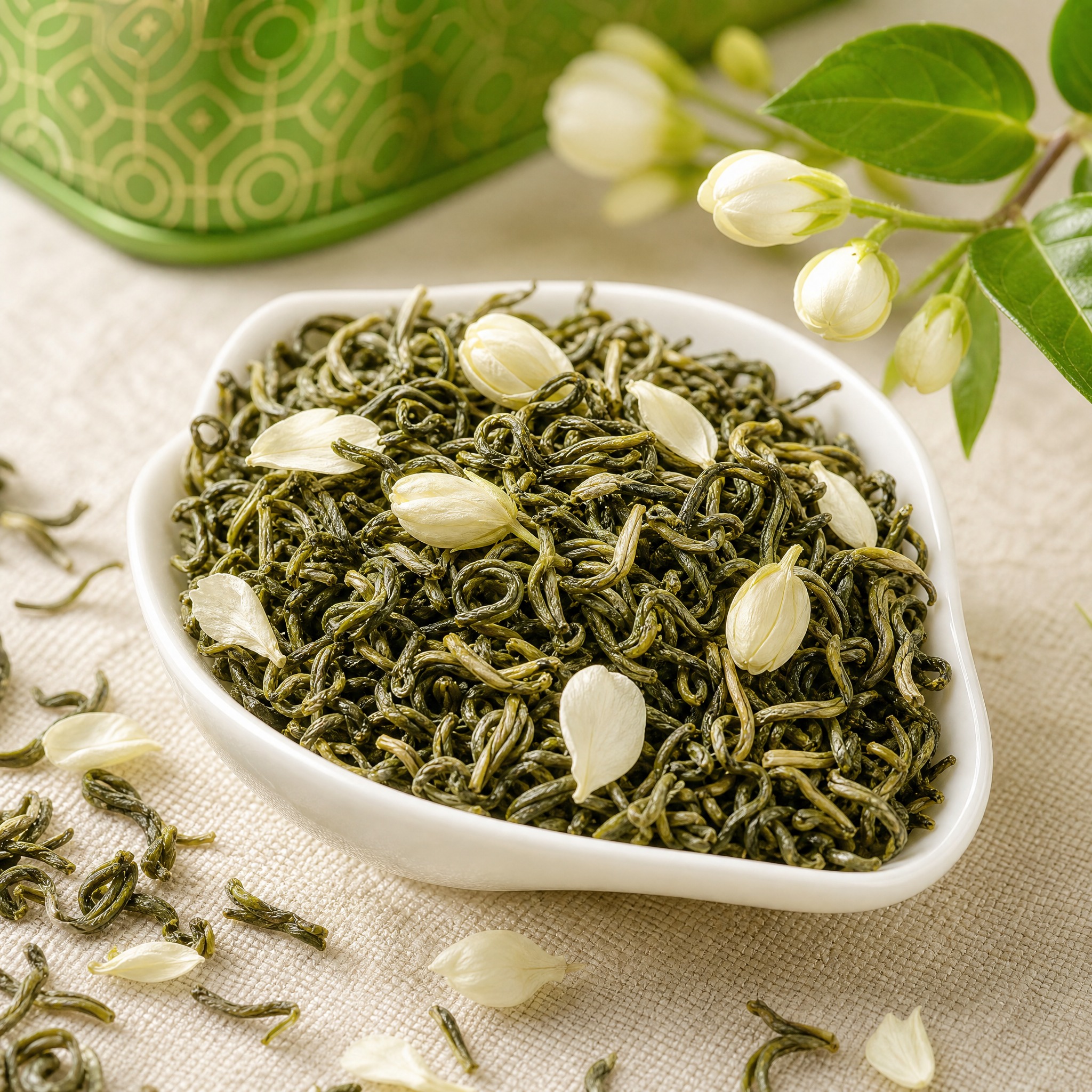[主图-2] 茉莉花茶茶干微距特写图，突出茶叶条索与茉莉花瓣。… - 图片创意预览
