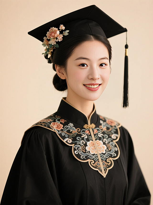 正面照，黑色古风垂挂髻，穿戴学士服学士帽，戴华丽的刺绣云肩，学士帽旁边簪花，背景浅色，暖光