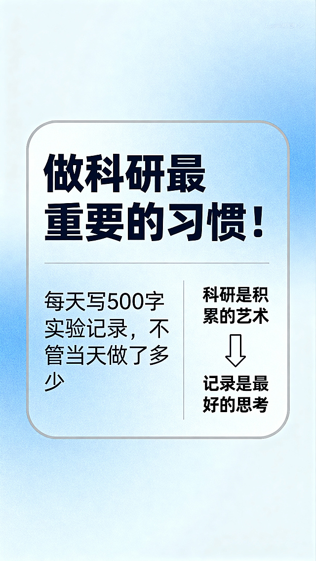 重新生成一张无水印的研究生论文科研知识科普图文海报，主标题：做科研最重要的习惯！内容：每天写500字实验记录，不管当天做了多少，👉 科研是积累的艺术，👉 记录是最好的思考。排版和风格参考示例图片，浅蓝色渐变背景，圆角卡片，精致排版，所有文字清晰，画面有质感，绝对不能添加任何水印