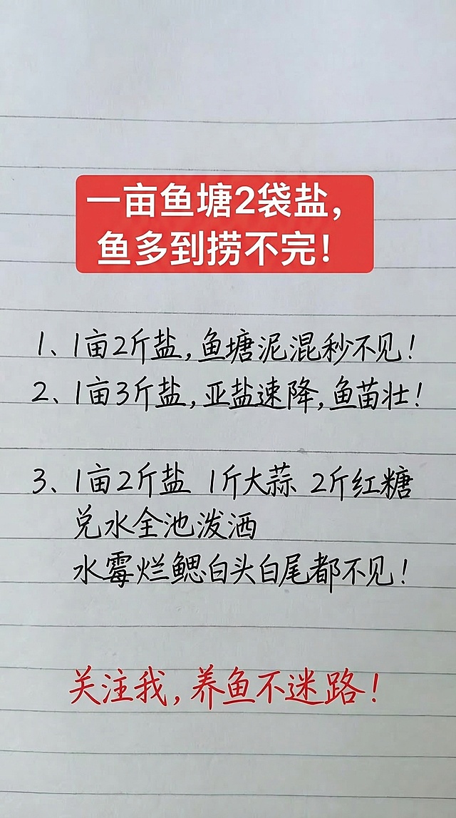 基于原图的布局和风格，把原图文字全部替换成新的内容，保留原图的横格笔记本背景，保留上方红色矩形白底大字标题，下方黑色手写字体和红色手写字体的字体颜色和排版风格，一字不差替换内容：标题：一亩鱼塘2袋盐，鱼多到捞不完！内容：1、1亩2斤盐，鱼塘泥混秒不见！
2、1亩3斤盐，亚盐速降，鱼苗壮！
3、1亩2斤盐 1斤大蒜 2斤红糖 兑水全池泼洒 水霉烂鳃白头白尾都不见！
最后一行红色字体：关注我，养鱼不迷路！排版布局合理，一字不差，保留原图字体和颜色