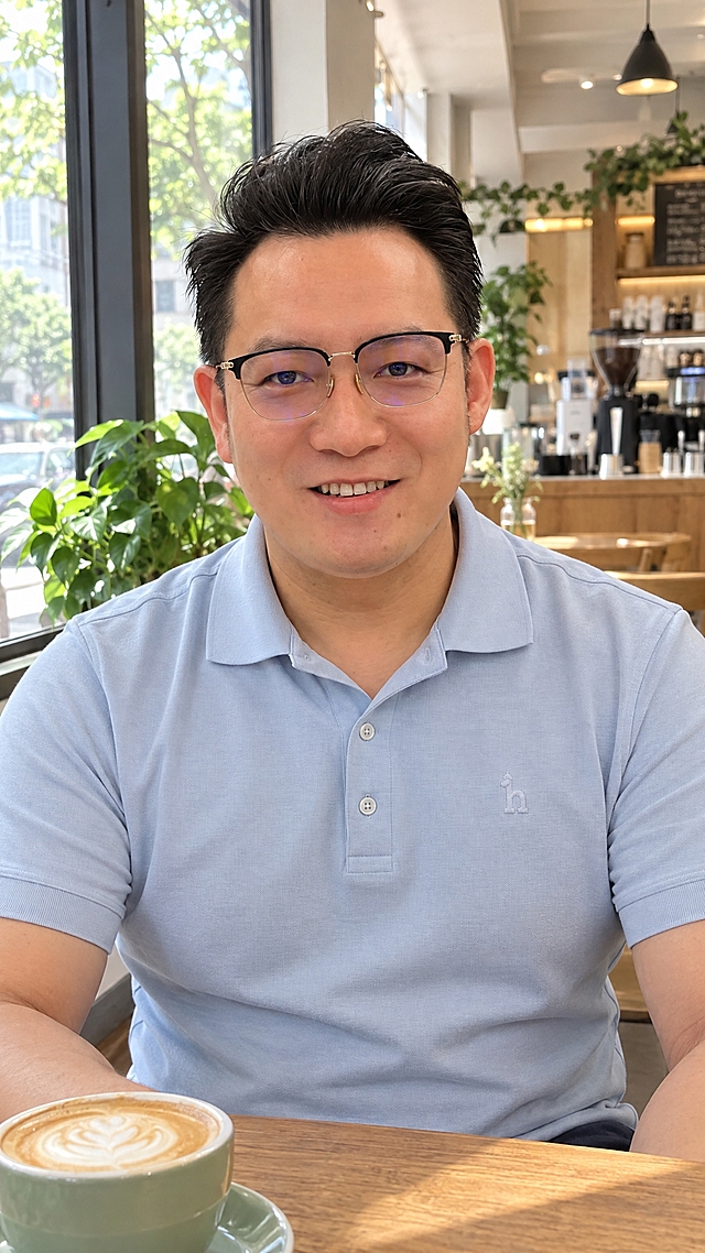 以参考图中人物的面部、五官比例与微笑表情为严格依据，生成一张真实生活照，竖版9:16。

人物一致性（最高优先级）：严格复制参考图的自然微笑表情（眼睛自然睁开、眼神带笑意、轻松露齿浅笑）、脸型偏圆润饱满、眉眼形状与间距、鼻型、嘴型、下颌线与颈部厚度、肤色与年龄感；保留细边半框眼镜；发型与参考图一致（头顶稍长向后上方蓬松、两侧较短、露出额头）。不瘦脸、不美白磨皮、不网红化。

服装：浅蓝色短袖polo衫，经典三粒扣款式——下面两粒扣子扣好，最上面一粒扣子解开；质地真实、版型合身。

场景：明亮的城市咖啡馆内，坐在靠窗木质桌旁，手边一杯咖啡，背景有绿植与咖啡吧台，午后自然天光。

质感与光线：真实自然的室内自然光，面部光影均匀；真实手机拍摄感，胸像到半身、头部大小适中；皮肤干净真实有质感（不过度磨皮），高清细腻4K，无文字无水印。