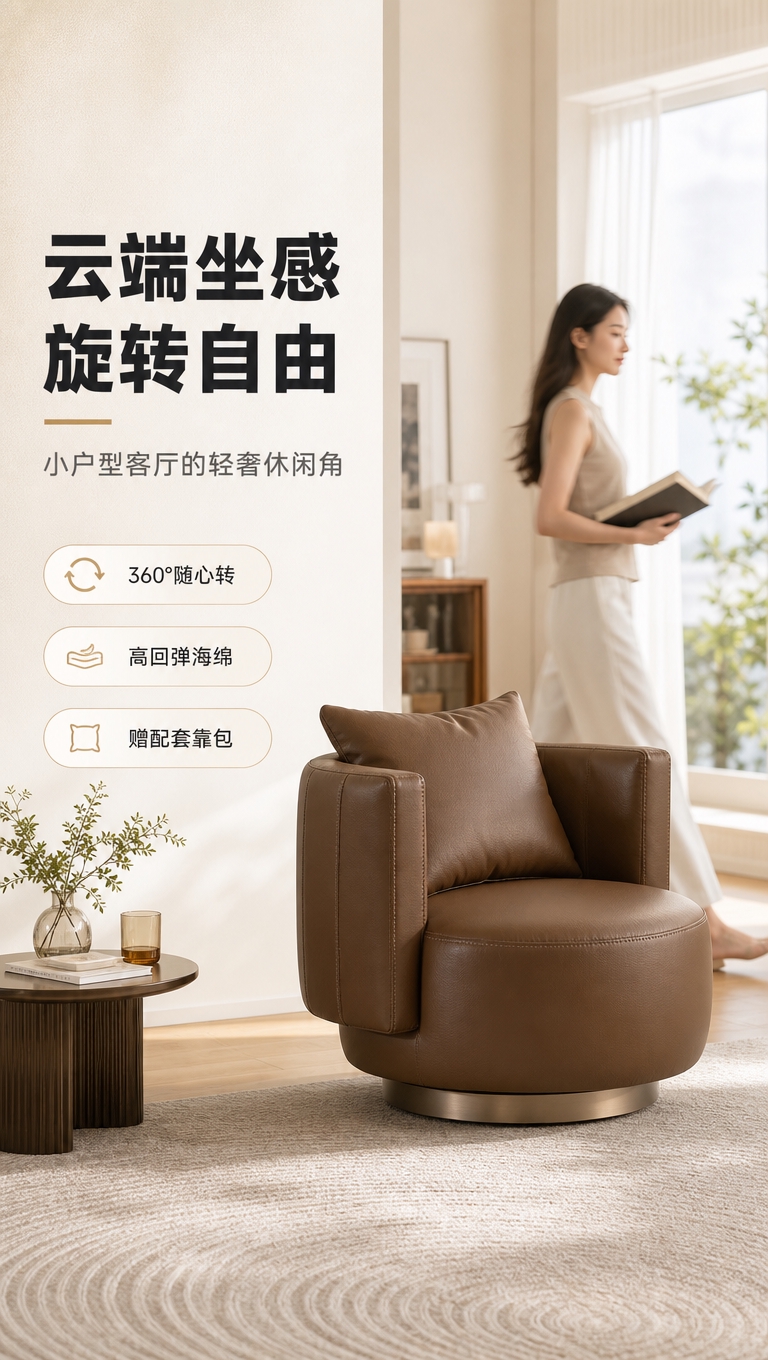 [商品] 使用【图1】棕色单人旋转休闲沙发椅；保留圆润一体式靠… - 图片创意预览
