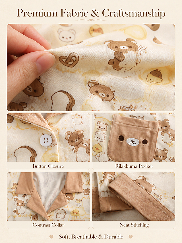 [第5屏 材质工艺] Rilakkuma Pajama Set 面料材质与工艺细节展示图。本屏使用【图2】Bakery Brown款作为细节展示主体。
[氛围/风格] 细节特写风格，质感高级，面料微距+工艺宫格，真实触感呈现。
[元素布局] 画面上半部分为大面积面料微距特写，展示Bakery Brown款睡衣的针织面料纹理和小熊印花细节，手指轻触面料体现柔软触感，占画面约50%；下半部分为2x2工艺宫格：1. 左上：纽扣开合细节 - 白色纽扣与门襟缝线；2. 右上：小熊口袋特写 - 棕色口袋上的小熊脸刺绣；3. 左下：翻领包边工艺 - 棕色翻领与衣身拼接处；4. 右下：裤脚收口细节 - 棕色裤脚边缝线；所有细节的颜色、图案、工艺与输入图【图2】完全一致；背景为浅米色纹理纸质感。
[光影质感] 侧柔光突出面料纹理质感，微距清晰锐利，缝线整齐，细节层次丰富，阴影柔和。
[配色色系] 全局底色 #F7F0E6 浅米棕；主色暖棕+奶黄+白色；辅助色深棕文字。
[视角构图] 上大下小布局，上方主视觉面料特写，下方四格工艺细节，阅读动线从上到下。
[文字版式] 全英文文案。顶部主标题「Premium Fabric & Craftsmanship」，纤细优雅字体；每个工艺宫格下方标注小字：「Button Closure」「Rilakkuma Pocket」「Contrast Collar」「Neat Stitching」；底部一行「Soft, Breathable & Durable」。
[比例分辨率] 3:4竖版比例，width 1200，height 1600，4K分辨率，文字清晰可辨，高清画质。
[负向提示词] 面料纹理失真，图案模糊，颜色偏差，中文字符，水印，缝线错乱，产品结构错误。