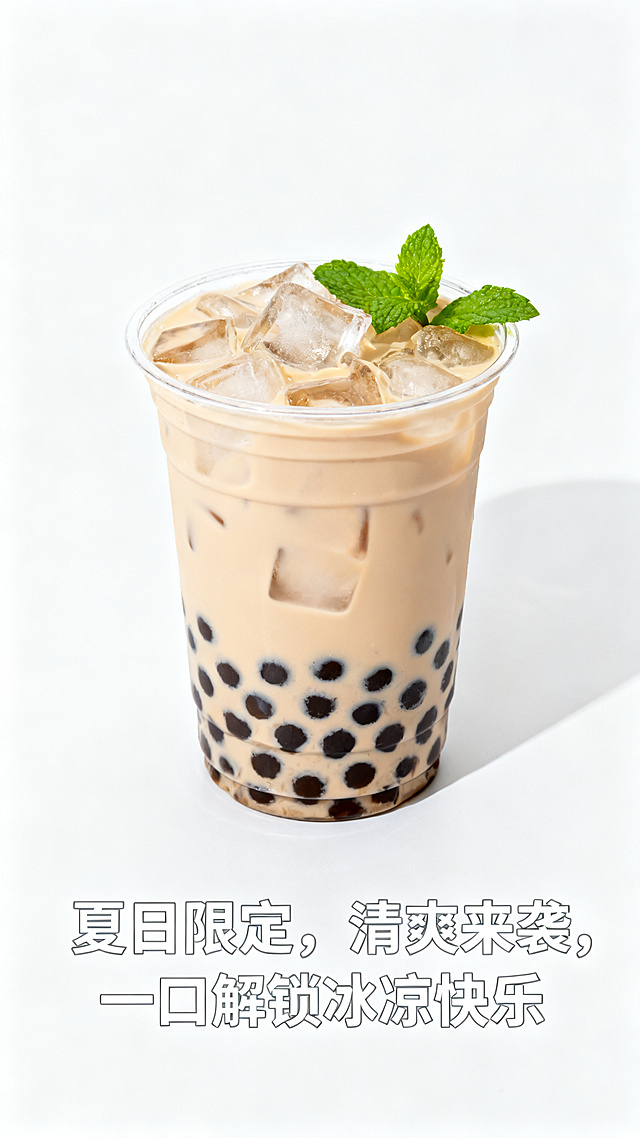 一杯加冰珍珠奶茶作为产品主体，简约纯白色背景，搭配清新绿叶装饰，画面干净突出主体，添加文案"夏日限定，清爽来袭，一口解锁冰凉快乐"，字体风格简洁，明亮干净的产品宣传图