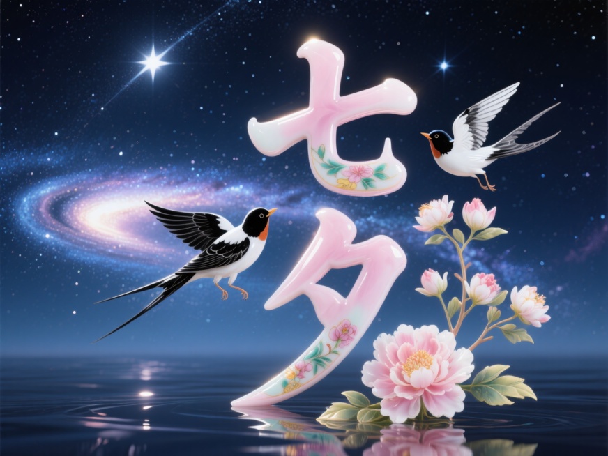 图片风格为「中国风」，竖向文字"七夕"，清代粉彩瓷字体。创意字体设计点缀两只喜鹊、花朵元素。织女星（天琴座α）与牛郎星（天鹰座α）隔银河相望星空氛围。预览效果
