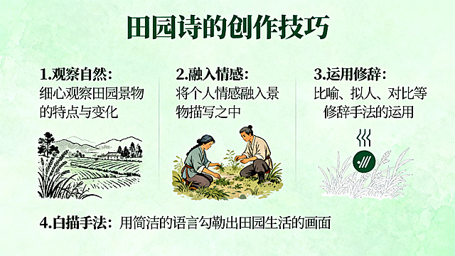 PPT页面，大标题：田园诗的创作技巧，内容：1.观察自然：细心观察田园景物的特点与变化；2.融入情感：将个人情感融入景物描写之中；3.运用修辞：比喻、拟人、对比等修辞手法的运用；4.白描手法：用简洁的语言勾勒出田园生活的画面，风格清雅自然，排版清晰
