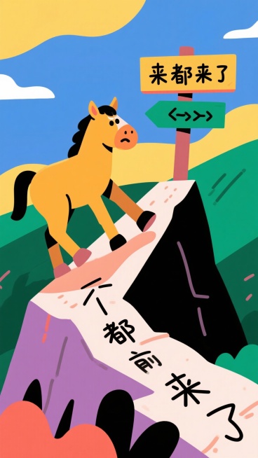 现代矢量插画，冒险或体验场景。卡通马站在一个看似艰难或新奇的起点（如陡峭的山路、奇怪的店铺前），表情犹豫但一脚已迈出。一句洒脱的书法手写体“来都来了”作为路标或脚印，出现在它前进的路上，鼓励着行动。色预览效果