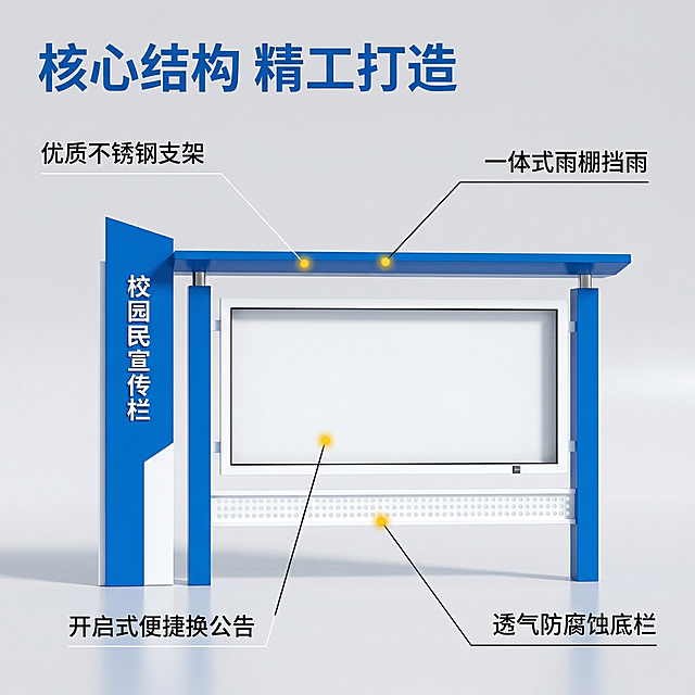 [垫图 https://gd-visitor.dancf.com/tmp02/857f49651de5bf7de5b66ba08a783d18/c5f97154c69848a094f5b0ce2a7289e5.jpg] [主图主题] 宣传栏核心卖点展示
[氛围/风格] 专业工业风，清晰直观突出材质优势
[画面元素] 宣传栏主体居中展示，使用极细科技感引线标注各部位材质与功能，引线末端带定位光点，分别连接不锈钢支架、雨棚顶、开启式公告窗、镂空底栏四个核心部位，背景为干净浅灰色渐变，背景铺满全屏无边框
[配色色系] 主色调：浅灰背景，蓝白产品；辅助色：黑色引线，黄色定位光点
[视角构图] 正面平视，聚焦产品结构
[文字版式] 引线标注对应文字："优质不锈钢支架"、"一体式雨棚挡雨"、"开启式便捷换公告"、"透气防腐蚀底栏"，字体为黑色无衬线小字体；左上角主标题 "核心结构 精工打造"，蓝色加粗大字体，整体布局清晰，文字不遮挡主体
[比例分辨率] 1:1 比例，2k 分辨率