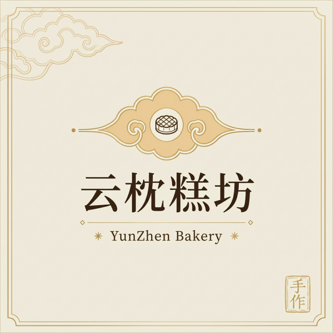 云枕糕坊 简约高端中式烘焙品牌标志，字体设计融入云朵和糕点元素，暖色调，干净简约，适合品牌使用预览效果