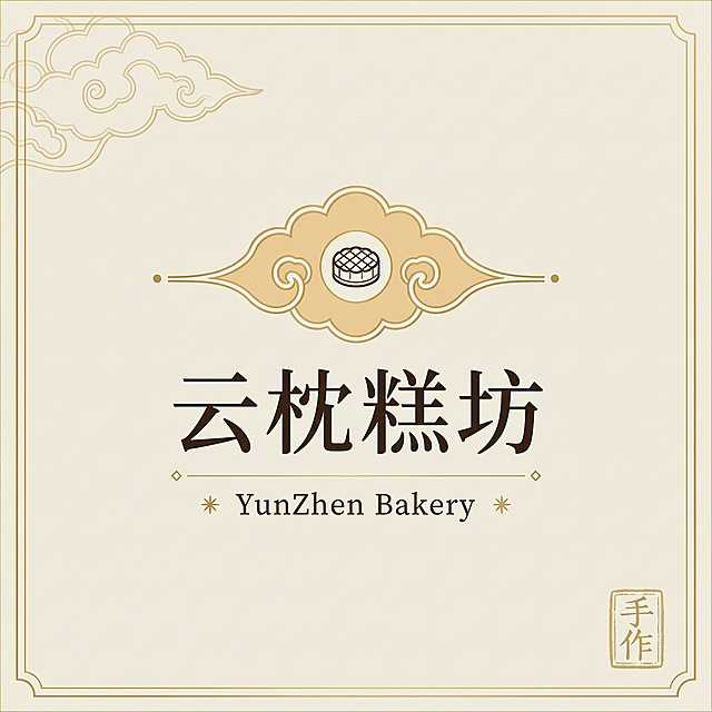 云枕糕坊 简约高端中式烘焙品牌标志，字体设计融入云朵和糕点元素，暖色调，干净简约，适合品牌使用