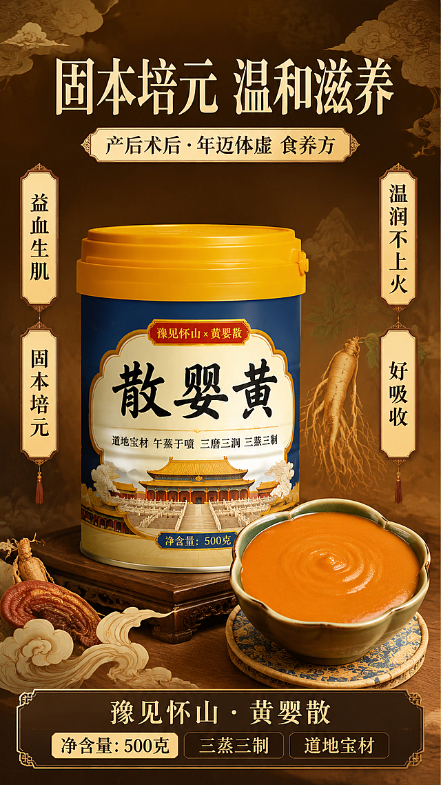 新中式工笔风营养滋补食品推广海报，竖版9:16，暖棕赭石色调，温润滋补氛围。画面主体为黄婴散罐装产品和一碗冲调好的米糊，100%还原上传商品图的产品外形、包装、LOGO、印刷文字、净含量，完整保留原图中的罐型、轮廓、结构、比例、黄色瓶盖、标签版式、品牌logo、书法字体、宫殿图案、容量信息'500克'、材质质感、颜色与正面朝向，以上传图为唯一商品主体来源。产品罐与米糊碗呈前后错落摆放，位于画面中下部，产品占画面约50%。画面顶部大标题文字'固本培元 温和滋养'，副标题'产后术后·年迈体虚 食养方'。画面左右两侧各有两个竖排功效标签，分别写'益血生肌'、'固本培元'、'温润不上火'、'好吸收'，用中式卷轴标签样式。背景为深棕渐变，点缀祥云、灵芝、人参等传统滋补元素剪影。底部标注'豫见怀山·黄婴散'与'净含量：500克'、'三蒸三制 道地宝材'。整体风格新中式工笔、高端滋补、信任背书感强。画面中所有信息区域必须填充完整合理的内容，不得出现空白框或占位。画面中所有数字必须精确渲染，不得错位、遗漏或编造。