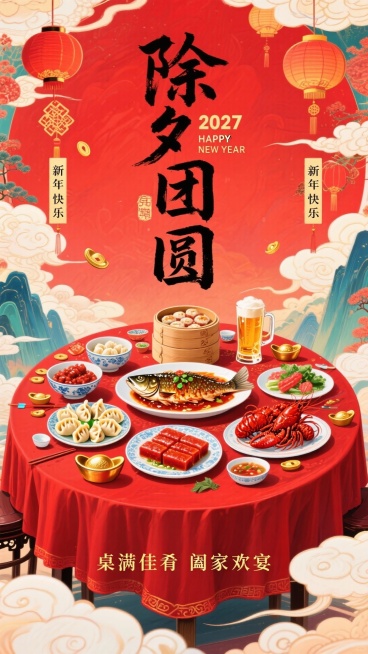以正红为底色，画面主体是摆满除夕佳肴的红漆圆桌（占画面三分之二位置）：碗装元宝饺子、盘盛红烧全鱼、蒸笼码着红糖年糕，旁侧摆着啤酒杯与油焖小龙虾；点缀红绸餐布、金元宝摆件、悬垂灯笼等吉祥元素；上方毛笔大预览效果