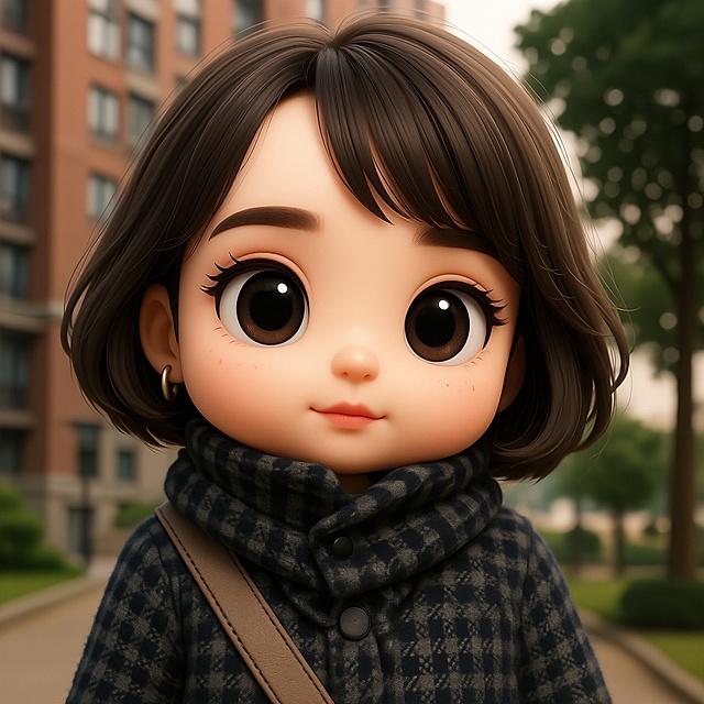 软3D风卡通少女，大眼萌趣，温暖格纹围巾，城市街景背景，柔和光影营造温馨氛围。