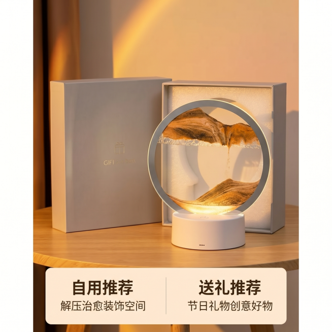 [主图 5] 3d流沙画夜光沙漏送礼自用决策图
[氛围风格] 温馨舒适家居治愈风；
[画质] 商业摄影质感、光线柔和通透、产品清晰真实、画面干净高级。
[元素] 产品放置在精致礼盒旁，展示产品带有礼盒预览效果