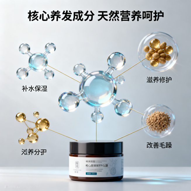 [主图 2] 臻护润养发膜核心成分解析。
[氛围风格] 专业科研风，简洁干净科技感；
[画质] 商业插画3D渲染质感，清晰通透，画面高级。
[元素] 发膜产品放置在画面底部居中位置，画面上半部分悬浮展预览效果
