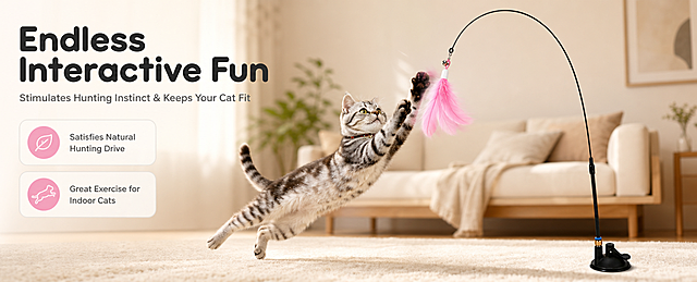 [商品] 使用【图1】吸盘式羽毛逗猫棒；保留黑色弹性钢丝杆、吸盘底座、粉色羽毛、铃铛的完整结构、颜色和材质；钢丝杆弧形自然，羽毛蓬松。
[画面] 目标：动态互动页，猫咪扑玩羽毛的真实动态瞬间。构图：产品在右侧，猫咪在画面中央偏左腾空跃起，双爪伸向粉色羽毛，身体舒展有动感，羽毛轻微晃动带动态模糊感。景别：中景。前中后景：前景浅米色地毯，中景逗猫棒+腾空跃起的虎斑猫咪，后景虚化的暖调居家环境（沙发、绿植、自然光）。
[视觉] 套系策略：风格=跨境极简高级商业摄影；标题字=圆润现代无衬线粗体；正文字=简洁无衬线体；主色=暖米杏+柔粉；背景延展=基于暖米杏做深浅层级、同色渐变和细腻织物/墙面质感；强调色=柔粉色，仅用于小面积图标、引线和标签；标题色=深炭灰；正文色=中暖灰；组件=圆角浅底信息卡；光影=侧前方暖自然光，有轻微动态模糊增强运动感。
[文字] 左上主标题"Endless Interactive Fun"，副标题"Stimulates Hunting Instinct & Keeps Your Cat Fit"，下方2个短卖点：Satisfies Natural Hunting Drive、Great Exercise for Indoor Cats。文字横向排版，位于左上留白区，不遮挡动态主体。
[规格] 图片比例61:25横版，4K分辨率，避免变形、错字、文字过小、冷蓝/蓝灰背景、产品结构失真、猫咪动作僵硬不自然、动态模糊过度。
