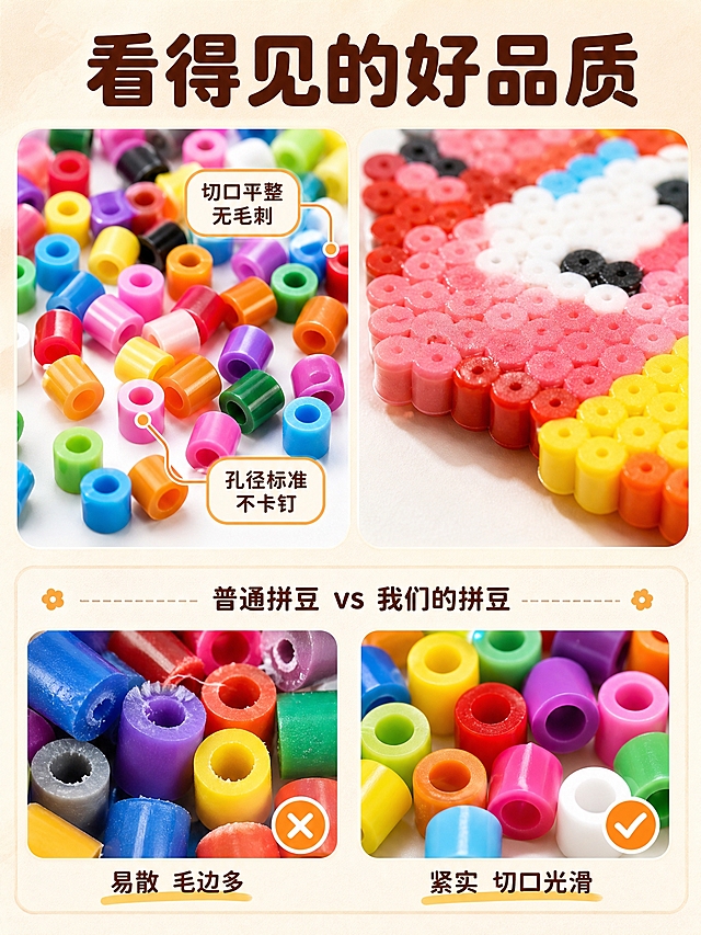 [商品] 使用【图1】拼豆颗粒特写；保留2.6mm圆柱形中空结构、拼豆切口、塑料材质光泽；微距下颗粒边缘锐利，颜色饱满准确。
[画面] 目标：细节质感页，用微距特写证明拼豆品质。画面采用上下分栏+左右组合布局。左上区域是超微距特写：几十颗各色拼豆散落在白色背景上，清晰展示圆柱形中空结构、切口平整无毛刺、表面光滑。右上区域是烫好的拼豆成品边缘微距，展示融合度好、表面平整不松散。下方区域是对比展示：左边普通拼豆切口粗糙有毛边（打叉），右边本品拼豆切口平整光滑（打勾）。整体3层信息层级，微距+对比+说明。
[视觉] 套系策略：风格=温馨治愈手作风 淘宝/天猫品质感；标题字=圆润粗黑体 带轻微圆角；正文字=简洁圆润无衬线体；主色=暖米杏色；背景延展=基于暖米杏做深浅渐变 叠加细腻纸张/木纹质感；强调色=橙黄色 仅用于小面积图标 引线 标签高亮；标题色=深棕红色；正文色=暖深灰；组件=圆角浅底信息卡 软曲线引线 圆点装饰；光影=左前侧暖柔光 窗边自然光感。
[文字] 顶部居中大标题"看得见的好品质"。微距旁用软引线标注"切口平整 无毛刺"、"孔径标准 不卡钉"。对比区上方小字"普通拼豆 vs 我们的拼豆"，下方分别标注"易散 毛边多"和"紧实 切口光滑"。文字不遮挡微距主体。
[规格] 图片比例3:4竖版，4K，避免变形、错字、颗粒模糊、颜色失真、冷蓝背景、水印、平台Logo。
