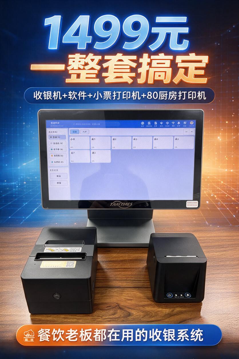 餐饮收银系统投流广告图，画面主体是银色收银机和两台黑色打印机摆… - 图片创意预览