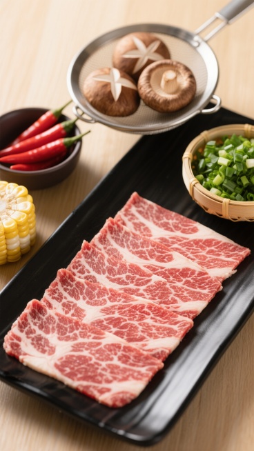 顶级美食摄影风格，特写镜头，黑色长方形瓷盘上整齐码放着纹理清晰、色泽鲜红的雪花肥牛片，肉质新鲜，脂肪分布均匀如大理石花纹，位于画面中央偏下位置。盘的右侧是一个竹编浅碗，里面装满翠绿的切碎葱花。左上方有一个金属漏勺，内盛三颗切开的棕色香菇，菌盖边缘微卷，菌褶清晰。漏勺左下方是半个黄白相间的甜玉米，颗粒饱满。左上角有一个深色小碗，里面装满鲜红的长辣椒。所有食材摆放错落有致，保持原有的相对位置和精致……预览效果