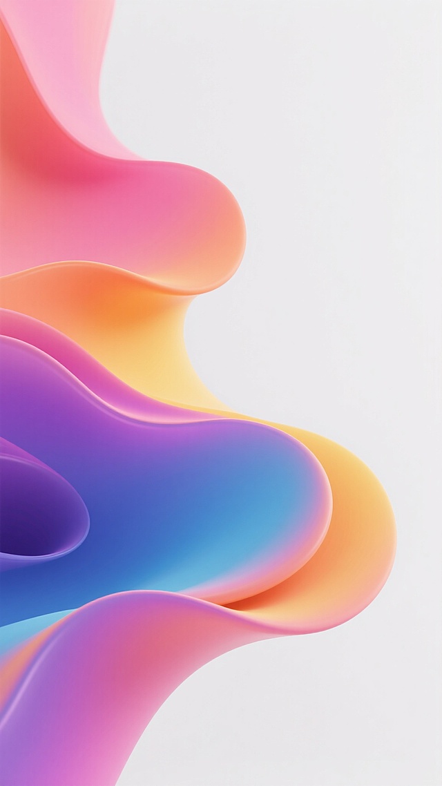 抽象背景主题，波浪形态的流体渐变色彩，主要由粉色、橙色、黄色、蓝色和紫色融合而成，色彩过渡自然柔和，具有光滑细腻的质感和流动感，整体画面简洁明快，充满活力与动感，白色背景衬托出色彩的鲜艳与层次，呈现出一种现代、时尚且富有韵律的视觉效果。