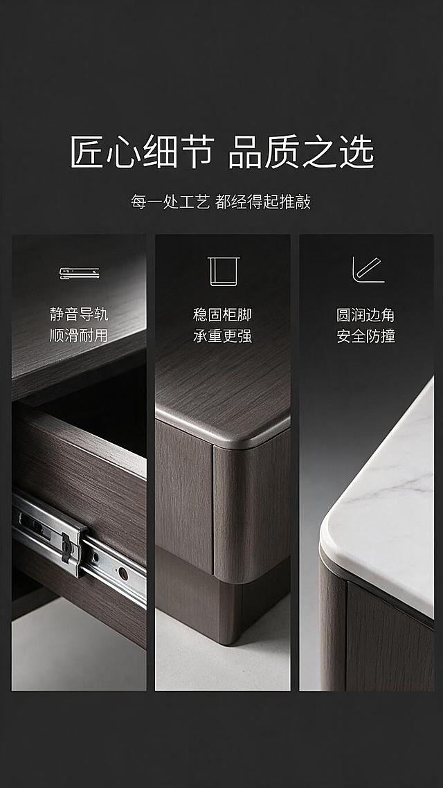 [第6张] 详情页细节工艺页-五金导轨/柜脚/边角三格展示。本张使用【图1】中闪银棕+雅典白玉款作为商品主体。
[氛围/风格] 专业工艺细节风，微距特写，高级商业摄影质感。
[元素布局] 上半区为标题文案区；下半区三格并列特写——左格：抽屉导轨五金微距，展示金属滑轨细节；中格：柜脚底部特写，展示稳固承重结构与贴皮包边；右格：岩板台面边角特写，展示圆润倒角处理；每格下方配对应图标与标签；产品细节结构、材质与输入图一致。
[光影质感] 侧光打亮细节纹理，五金件有高光反射，岩板边角有轮廓光，整体清晰锐利。
[配色色系] 全局底色 #333333（深灰黑）；主色金属银+闪银棕+雅典白；辅助色深灰背景。
[视角构图] 三格横向等分布局，阅读动线从上标题→下三格从左到右。
[文字版式] 上文下三格版式。主标题「匠心细节 品质之选」，副标题「每一处工艺 都经得起推敲」；三格分别配标签「静音导轨 顺滑耐用」「稳固柜脚 承重更强」「圆润边角 安全防撞」；每格上方有简约线性图标；文字白色，字号适中。
[比例分辨率] 9:16 竖版比例，1K分辨率，文字清晰可辨，高清画质。
[负向提示词] 细节模糊，五金变形，颜色偏差，水印，文字过小，纹理错乱。